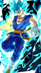 1boy adapted_costume arm_blade aura black_background blue_eyes blue_hair blue_pants blue_tunic boots dougi dragon_ball dragon_ball_super dragon_ball_z dragon_ball_z_fukkatsu_no_f dragonball_z earrings energy_sword full_body glint gloves highres jewelry male_focus medium_hair pants potara_earrings ryo_lovevegito simple_background solo spiked_hair super_saiyan super_saiyan_blue sword tunic vegetto weapon white_boots white_gloves 