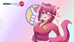  1girl :d ahoge animal_ear_fluff animal_ears anime_onegai aqua_eyes aqua_hair artist_request belt belt_buckle blush breasts buckle cat_ears cat_girl cat_tail colored_inner_hair company_name copyright_name copyright_notice crossed_bangs diamond-shaped_pupils diamond_(shape) dithering fang finger_gun gradient_background hair_between_eyes hair_intakes hand_up heart heart_in_eye jumpsuit large_breasts looking_at_viewer love_me_section mascot medium_hair multicolored_hair nyami_g official_art official_wallpaper one_eye_closed open_mouth pink_hair pink_jumpsuit pink_tail pointing pointing_up popped_collar shirt skip_beat! smile solo symbol-shaped_pupils symbol_in_eye tail teeth turtleneck turtleneck_jumpsuit v-neck v-shaped_eyebrows white_belt white_shirt 
