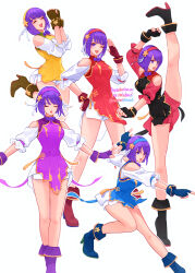  absurdres alternate_color asamiya_athena black_dress blue_dress china_dress chinese_clothes closed_eyes clothing_cutout dress fingerless_gloves gloves hair_ornament hairband hand_on_own_hip highres idol jewelry multiple_views namisonpictures necklace purple_eyes purple_hair red_dress red_hairband salute short_hair short_shorts shorts shoulder_cutout star_(symbol) star_hair_ornament the_king_of_fighters  rating:General score:5 user:danbooru