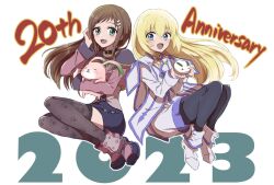  2023 2girls anniversary black_thighhighs blonde_hair blue_eyes brown_hair colette_brunel collar esperance full_body green_eyes hair_ornament hairclip highres long_hair looking_at_viewer multiple_girls open_mouth rabbit skirt smile sophia_esteed star_ocean star_ocean_till_the_end_of_time tales_of_(series) tales_of_symphonia thighhighs  rating:Sensitive score:1 user:danbooru
