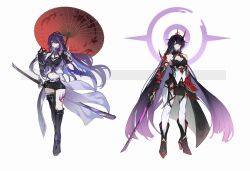  2girls acheron_(honkai:_star_rail) armored_boots black_boots black_dress black_gloves black_shorts boots breasts cleavage color_connection commentary company_connection dress gloves hair_color_connection highres holding holding_sword holding_umbrella holding_weapon honkai:_star_rail honkai_(series) honkai_impact_3rd horns katana large_breasts leg_tattoo long_hair multiple_girls name_connection oil-paper_umbrella purple_eyes purple_hair raiden_mei raiden_mei_(herrscher_of_thunder) red_horns sawashiro_miyuki shiying_no_yao shorts simple_background sword tattoo thighhighs umbrella very_long_hair voice_actor_connection weapon white_background white_thighhighs 