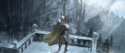  1boy absurdres armor asaki_(asaki_vision) breastplate brown_cape cape cityscape dark_souls_(series) dark_souls_iii fake_horns from_behind gauntlets greaves helmet highres holding holding_sword holding_weapon horned_helmet horns pauldrons shoulder_armor silver_knight_(dark_souls) snow solo sword weapon 