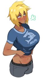  0lightsource 1girl absurdres aqua_eyes bleach blonde_hair blouse blue_shirt blush breasts clothes_lift dark-skinned_female dark_skin female_focus hair_between_eyes highres large_breasts navel pout shirt shirt_lift short_hair simple_background solo tier_harribel white_background  rating:Sensitive score:200 user:rollo34