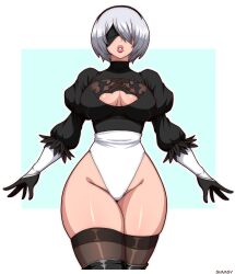  1girl 2b_(nier:automata) :o absurdres black_dress breasts cleavage_cutout clothing_cutout curvy detached_sleeves dress eyepatch feet_out_of_frame gloves highleg highleg_leotard highres large_breasts leotard lips mole mole_under_mouth nier nier_(series) no_eyes shiny_skin short_hair signature simmsy simple_background thighs thong_leotard white_hair white_leotard wide_hips  rating:Sensitive score:55 user:Miyuki_Lust