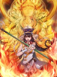  1girl beads bikini bikini_under_clothes black_hair bow bridal_gauntlets buddha earrings energy fate/grand_order fate_(series) gourd hat highres hoop_earrings jewelry khakkhara long_hair prayer_beads purple_eyes saver_(fate/extra) swimsuit swimsuit_under_clothes xuangzang_sanzang_(fate) 