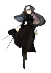 1girl baabaa0412 between_fingers black_pantyhose brown_eyes brown_hair dress fate/zero fate_(series) female_focus gender_request genderswap habit holding jewelry kotomine_kirei long_hair nun pantyhose solo traditional_nun rating:Sensitive score:12 user:danbooru