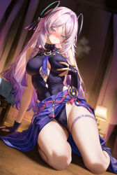  1girl absurdres armlet bare_shoulders blue_eyes blush braid breasts citlali_(genshin_impact) closed_mouth commentary cryo_symbol_(genshin_impact) dutch_angle floating_headgear full_body genshin_impact grabbing_own_breast hair_intakes half-closed_eyes headgear highres hirahiragi_(h1rqg1) jewelry large_breasts leotard long_hair nail_polish nose_blush on_floor pink_hair purple_nails sitting solo thighs vision_(genshin_impact) wooden_floor 