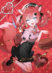  1girl akami_karubi animal_ears artist_name black_ribbon black_shoes black_skirt blue_eyes blush crazy_raccoon fangs fishnet_pantyhose fishnets hair_ribbon hat heart heart-shaped_pupils highres looking_at_viewer open_mouth pantyhose red_hair red_tail ribbon ryota-h shoes short_sleeves skirt solo symbol-shaped_pupils tail virtual_youtuber 