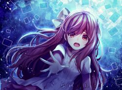  1girl aqua_background arm_at_side artist_name backlighting blue_aura blue_background brown_hair buttons center_frills child collarbone commentary copyright_name crying dress english_commentary foreshortening frills gradient_background hair_behind_ear layered_dress layered_sleeves long_hair long_sleeves looking_at_viewer multicolored_eyes open_mouth orange_eyes pink_dress purple_eyes rin_(shelter) sasucchi95 shelter_(song) short_sleeves solo tearing_up tears teeth two-tone_eyes upper_body upper_teeth_only white_dress 