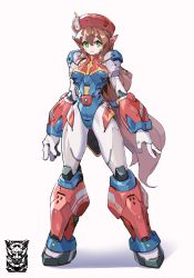  1girl absurdres android breasts brown_hair green_eyes highres iris_(mega_man) korean_commentary long_hair looking_at_viewer mar10 medium_breasts mega_man_(series) mega_man_x_(series) open_hands red_headwear science_fiction shadow smile solo standing very_long_hair white_background  rating:Sensitive score:26 user:danbooru