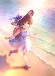  1girl backpack bag beach brown_eyes brown_hair clannad commentary_request dress frilled_dress frills goto_p hat highres ocean okazaki_ushio open-toe_shoes short_hair smile solo sun_hat sundress white_dress white_hat 