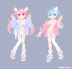  2futa bare_shoulders blue_bow blue_eyes blue_hair blue_jacket blue_shoes bow commentary double_bun double_v erection flat_chest footwear_bow full_body futanari grey_background hair_bun hair_ribbon hand_up hands_up highres jacket large_penis loli long_hair long_sleeves looking_at_viewer multicolored_hair multiple_futa navel nipples off_shoulder original panties penis penis_in_panties penis_ribbon pink_bow pink_eyes pink_hair pink_jacket pink_shoes pixel_art puffy_long_sleeves puffy_sleeves ribbon shoes short_hair short_sidetail simple_background single_bare_leg single_thighhigh smile star-kiss streaked_hair testicles thighhighs twintails two-tone_hair underwear v very_long_hair white_panties white_ribbon white_thighhighs 