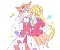  2girls ahoge animal_ears blonde_hair breasts brown_hair cleavage collarbone collared_shirt cropped_jacket crossover eyes_visible_through_hair frilled_skirt frills garter_straps gloves green_hair grin hair_between_eyes hair_ornament hair_over_one_eye hairclip hand_on_own_hip highres horse_ears jacket jungle_pocket_(umamusume) long_hair looking_at_viewer multicolored_hair multiple_girls navel nikaidou_saki open_clothes open_jacket orange_eyes orange_hair orange_skirt pleated_skirt purple_thighhighs red_jacket red_shorts seila_rei shirt shorts simple_background skirt small_breasts smile star_(symbol) starting_future_(umamusume) streaked_hair thick_eyebrows thighhighs umamusume very_long_hair white_background white_gloves white_jacket white_shirt yellow_eyes zombie_land_saga 