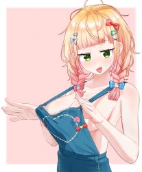  1girl absurdres akaika_(aka) blonde_hair blue_overalls blush border bow braid breasts fang gradient_hair green_eyes hair_bow hair_ornament hairclip hands_up highres hololive large_breasts long_hair looking_at_viewer momosuzu_nene multicolored_hair naked_overalls no_bra open_mouth outside_border overalls pink_hair plaid_bow raised_inner_eyebrows sidelocks solo sweat teasing twin_braids two-tone_hair upper_body white_border 