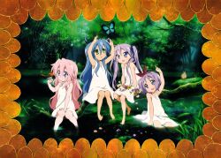  4girls absurdres bird bird_on_hand blue_hair border bug butterfly chamomile dress flat_chest flower forest full_body glasses green_eyes happy highres hiiragi_kagami hiiragi_tsukasa insect izumi_konata long_hair lucky_star multiple_girls nature official_art outdoors partially_submerged petite pink_hair pointing pond purple_hair siblings silk sitting smile spider_web takara_miyuki tree twins twintails very_long_hair violet_(flower) water white_dress yamada_naoko 