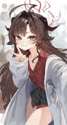 &gt;:) 1girl ahoge apopo black_shorts blue_archive blush breasts brown_hair cleavage closed_mouth coat collared_shirt commentary_request cowboy_shot eyelashes fang foreshortening grey_background hair_between_eyes hair_intakes halo hand_up highres huge_ahoge kasumi_(blue_archive) korean_commentary lab_coat long_hair long_sleeves looking_at_viewer open_clothes open_coat outstretched_arm red_halo red_shirt selfie shirt shorts sidelocks simple_background skin_fang small_breasts smile solo split_mouth tsurime v v-shaped_eyebrows very_long_hair wide_sleeves yellow_eyes 