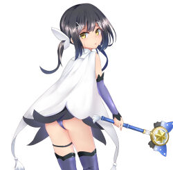  absurdres ass bad_id bad_pixiv_id black_hair blush boots cape fate/kaleid_liner_prisma_illya fate_(series) hair_ribbon highres holding holding_wand loli looking_at_viewer looking_back magical_girl magical_sapphire miyoko_chan_(myo_kou) miyu_edelfelt open_mouth ribbon sweatdrop thigh_boots thigh_strap thighs twintails wand white_background white_cape yellow_eyes 