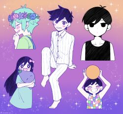  1girl 4boys antenna_hair arms_up aubrey_(headspace)_(omori) aubrey_(omori) ball barefoot basil_(headspace)_(omori) basil_(omori) black_eyes black_hair black_tank_top blue_overalls blue_shirt blush bow bright_pupils closed_eyes collarbone colored_skin double-parted_bangs flower green_hair green_shirt grin hair_bow head_wreath hero_(headspace)_(omori) hero_(omori) highres holding holding_ball holding_stuffed_toy kel_(headspace)_(omori) kel_(omori) knee_up long_shirt long_sleeves looking_at_viewer mr._plantegg_(omori) multiple_boys nicome_02 omori omori_(omori) open_mouth overalls pajamas parted_lips pink_bow purple_eyes purple_hair shirt short_hair sitting smile stuffed_eggplant stuffed_toy tank_top teeth twitter_username upper_teeth_only white_pupils white_skin 