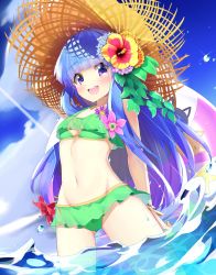 1girl :d absurdres arm_behind_back bikini blue_hair blue_sky blunt_bangs blush bracelet breasts cleavage cloud day dutch_angle flower furude_rika green_bikini groin hair_flower hair_ornament hat hibiscus highres higurashi_no_naku_koro_ni jewelry long_hair navel open_mouth outdoors purple_eyes sinrin_uo sky small_breasts smile solo standing straw_hat sun_hat swimsuit very_long_hair wading yellow_flower yellow_hat rating:Sensitive score:24 user:danbooru