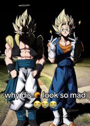 2boys abs angry black_shoes black_vest black_wrist_cuffs blonde_hair blue_dougi blue_eyes blue_pants blue_sash blue_shirt boots clenched_hand cropped_vest crying_emoji double_v dougi dragon_ball dragon_ball_super dragon_ball_super_broly earrings emoji full_body glaring gloves gogeta halo hands_up highres jewelry looking_at_viewer male_focus medium_hair meme metamoran_vest multiple_boys muscular muscular_male no_shirt open_clothes open_vest orange_undershirt pants peace pectoral_cleavage pectorals photo_background potara_earrings real_world_location sash shaded_face shadow shirt shirtless_male shoes smile sparkle spiked_hair standing super_saiyan trait_connection undershirt v vegetto vest white_boots white_gloves white_pants why_dis_ninja_look_so_mad_(meme) wrist_cuffs