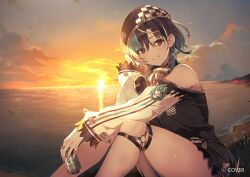  1girl arm_on_knee bare_shoulders beret black_choker black_hair black_hat black_shirt blue_hair braid braided_bangs choker cloud colored_inner_hair commentary_request copyright_notice day earrings from_side grin hand_up hat headphones headphones_around_neck highres hololive hololive_dev_is jewelry knee_strap knees_up long_shirt long_sleeves looking_at_viewer medium_hair multicolored_hair multiple_rings ocean off-shoulder_shirt off_shoulder official_art outdoors purple_hair raglan_sleeves red_eyes rindo_chihaya ring shirt sitting smile solo steering_wheel streaked_hair sunset toridamono virtual_youtuber white_hair white_sleeves 