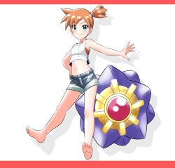  1girl barefoot blue_eyes blue_shorts breasts brown_hair crop_top feet full_body gen_1_pokemon gym_leader hair_between_eyes hand_on_own_hip highres midriff misty_(pokemon) navel nintendo one_side_up outstretched_arm pokemon pokemon_(creature) pokemon_lgpe shadow short_hair short_shorts shorts sleeveless small_breasts soles starmie stomach takaya_n third-party_edit toes white_background 