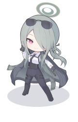  1girl beretta_92 black_boots black_gloves black_necktie black_pants blue_archive boots braid braided_hair_rings chest_harness chibi coat coat_on_shoulders collared_shirt dragon_print eyewear_on_head gloves green_hair green_halo grey_coat gun hair_rings halo handgun harness highres holding holding_gun holding_weapon long_hair mina_(blue_archive) necktie pants red_eyes rokukarashi shirt smile solo standing striped_coat sunglasses thigh_strap vertical-striped_coat weapon white_shirt 