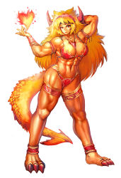 abs biceps breasts claws colored_skin dragon_girl dragon_tail fire highres horns jewelry lips long_hair monster_girl muscular muscular_female orange_skin pendant red_eyes tail toned yilx rating:Sensitive score:39 user:R-998