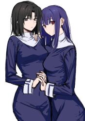  2girls asagami_fujino black_eyes black_hair breasts dress egomeshi holding_hands kara_no_kyoukai large_breasts long_hair looking_at_viewer medium_breasts multiple_girls purple_hair red_eyes reien_girl&#039;s_academy_school_uniform ryougi_shiki school_uniform short_hair simple_background white_background 
