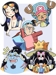  1girl 4boys ^_^ antlers ascot black_hair blue_ascot blue_nose blue_skin blush blush_stickers brook_(one_piece) buzz_cut closed_eyes colored_skin commentary cross crown double_v eyewear_on_head facial_hair feather_boa franky_(one_piece) goatee half_updo head_rest highres hood horns jinbe_(one_piece) long_hair multiple_boys nico_robin notice_lines one_eye_closed one_piece reindeer_antlers scar scar_on_face short_hair skeleton smile sparkle tanny_v v very_short_hair 