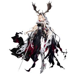  1girl animal_ears antlers_through_headwear arknights asymmetrical_gloves bell blonde_hair blue_eyes boots candle cape ears_through_headwear gloves high_heels hood hooded_cape long_hair official_art strap sword viviana_(arknights) weapon white_background  rating:General score:5 user:Moonbase