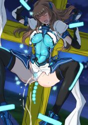  1girl akatsuki_kanten anal anal_beads anal_object_insertion bdsm black_thighhighs blunt_bangs blush bodysuit bondage bound breasts brown_hair choukou_(alicesoft) choukou_shinki_ixseal closed_eyes cosplay cross drooling elbow_gloves female_ejaculation female_orgasm forced_orgasm gloves idolmaster idolmaster_cinderella_girls impossible_clothes ixseal ixseal_(cosplay) kamiya_nao large_breasts leotard long_hair object_insertion open_mouth orgasm panties pee peeing restrained saliva sex_toy sky solo spread_legs sweat thighhighs underwear white_panties 