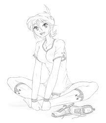  1girl antenna_hair breasts buruma collarbone full_body gym_uniform hands_on_own_legs highres indian_style kneehighs looking_at_viewer necktie open_mouth original shirokuro_jakko shoes short_hair sitting smile sneakers socks solo teeth unworn_shoes upper_teeth_only 
