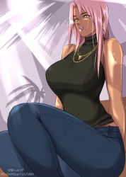  1girl alternate_costume artist_name bad_id bad_pixiv_id black_sweater breasts casual dark-skinned_female dark_skin denim earrings feet_out_of_frame from_side gold highres ingrid_(taimanin_asagi) jeans jewelry kairaku_namakikurage large_breasts long_hair looking_at_viewer necklace pants pink_hair sleeveless sleeveless_sweater solo sweater taimanin_(series) taimanin_murasaki yellow_eyes 