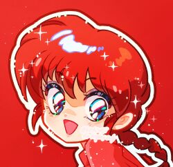  1girl blue_eyes braid braided_ponytail hair_between_eyes highres kichineji open_mouth ranma-chan ranma_1/2 red_background red_hair red_theme simple_background solo sparkling_eyes sparks  rating:General score:7 user:danbooru