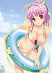10s 1girl ahoge beach bikini bow breasts cloud day detexted female_focus front-tie_top hair_bow highres hinata_hanabi innertube koutaro large_breasts navel outdoors pink_hair red_eyes side-tie_bikini_bottom sky smile solo swim_ring swimsuit third-party_edit tropical_kiss rating:Sensitive score:77 user:danbooru