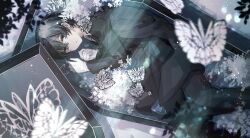  1boy :| black_butterfly black_eyes black_hair black_necktie black_suit black_vest bug butterfly closed_mouth coffin collared_shirt double-parted_bangs e.g.o_(project_moon) feet_out_of_frame flower formal_clothes full_body gloves hair_between_eyes highres insect kinugasa0400 leaf lens_flare light_particles limbus_company looking_at_viewer lying male_focus necktie on_side project_moon shirt short_hair solemn_lament_(e.g.o) solo suit vest white_butterfly white_flower white_gloves white_shirt yi_sang_(project_moon) 
