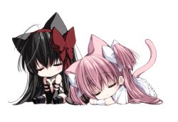  2girls akemi_homura akuma_homura animal_ears black_dress black_gloves black_hair black_shoes bow cat_ears cat_girl chibi chibi_only closed_eyes dress gloves hair_bow hairband highres kaname_madoka kemonomimi_mode long_hair mahou_shoujo_madoka_magica mahou_shoujo_madoka_magica:_hangyaku_no_monogatari misteor multiple_girls multiple_hair_bows pink_hair pink_tail red_bow red_hairband shoes simple_background sleeping two_side_up ultimate_madoka very_long_hair white_background white_bow white_dress white_gloves 