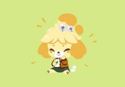  afternoon_fika animal_crossing dog closed_eyes green_background isabelle_(animal_crossing) nintendo phone simple_background sitting smile  rating:Sensitive score:5 user:liquorice
