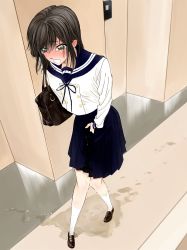 1girl absurdres bag between_legs blush brown_eyes brown_hair crotch_grab embarrassed female_focus hand_between_legs highres indoors medium_hair mitaray open_mouth original pee pee_stain pee_trail peeing peeing_self pleated_skirt puddle school_bag school_uniform serafuku skirt standing tears wet wet_clothes wet_skirt rating:Questionable score:16 user:MonsieurCinq