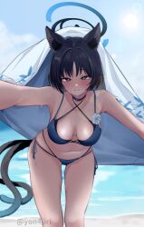  1girl 4jiri absurdres animal_ears beach bikini black_eyes black_hair blue_archive blue_bikini blue_halo blue_sky blue_tail cat_ears cat_girl cat_tail cloud criss-cross_straps day feet_out_of_frame gradient_tail halo highres kikyou_(blue_archive) kikyou_(swimsuit)_(blue_archive) layered_bikini leaning_forward looking_at_viewer multi-strapped_bikini_bottom multiple_tails ocean official_alternate_costume one-piece_tan outdoors outstretched_arms short_hair sky solo swimsuit tail tan tanline two_tails 
