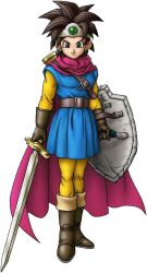  1girl artist_request asymmetrical_dual_wielding belt blue_tunic boots brown_belt brown_boots brown_gloves brown_hair cape circlet dragon_quest dragon_quest_iii dragon_quest_tact dual_wielding earrings full_body game_cg gem gloves green_eyes green_gemstone heroine_(dq3) holding holding_shield holding_sword holding_weapon jewelry looking_at_viewer official_art pants pink_cape roto_(dq3) scabbard sheath shield short_hair silver_circlet smirk solo spiked_hair stud_earrings sword third-party_source tunic weapon white_background yellow_pants yellow_sleeves 