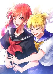  2girls absurdres alternate_costume black_sailor_collar black_serafuku black_shirt black_skirt blonde_hair blue_sailor_collar braid dress highres kitashirakawa_chiyuri long_hair multiple_girls nah-na neckerchief okazaki_yumemi open_mouth red_eyes red_hair red_neckerchief sailor_collar school_uniform serafuku shirt single_braid skirt touhou touhou_(pc-98) twintails yellow_neckerchief 