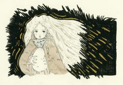  1girl braid cape dress egg girl_(tenshi_no_tamago) kishi_takuya long_hair looking_at_viewer pale_skin solo tenshi_no_tamago_(anime) traditional_media very_long_hair white_hair 