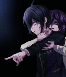  2boys ahoge bishounen black_background black_hair black_jacket buttons collared_jacket commentary_request danganronpa_(series) danganronpa_v3:_killing_harmony evil_grin evil_smile flipped_hair glowing glowing_eyes grin hair_between_eyes hand_on_another&#039;s_neck highres holding jacket ko_puki_yukko long_sleeves male_focus multiple_boys oma_kokichi pointing purple_eyes purple_hair saihara_shuichi short_hair simple_background smile sweatdrop upper_body yellow_eyes 