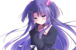  1girl black_dress blush breasts clannad cleavage_cutout closed_eyes closed_mouth clothing_cutout criss-cross_halter dress eyelashes eyes_visible_through_hair floating_hair hair_bobbles hair_ornament halterneck happy hashtag-only_commentary highres ichinose_kotomi juliet_sleeves large_breasts long_hair long_sleeves looking_down official_alternate_costume parted_bangs puffy_sleeves purple_eyes purple_hair ribbon sidelocks simple_background smile solo two_side_up upper_body very_long_hair white_background white_ribbon yutori_z71 