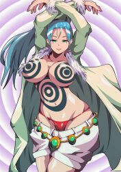  1girl adapted_costume arms_up blue_hair breasts coat fur_collar fur_trim highres huge_breasts hypnotizing_viewer nefertari_vivi one_piece open_mouth panties pasties ponytail red_panties short_shorts shorts shorts_around_thighs smile solo taka_no_oo underwear 
