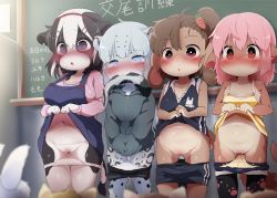  4girls 4others :o animal_ear_fluff animal_ears biting biting_own_tail black_fur black_hair black_thighhighs blue_eyes blush breasts brown_fur brown_hair camisole camisole_lift cardigan carrot_hair_ornament chalkboard classroom closed_mouth clothes_lift clothes_pull covering_crotch covering_privates cow_ears cow_girl cowboy_shot dagasi day dot_mouth dungarees embarrassed facial_mark fangs fangs_out food-themed_hair_ornament furry furry_female gluteal_fold grey_hoodie hair_between_eyes hair_ornament hairband hairclip hands_in_pockets highres hood hoodie indoors large_breasts lifting_own_clothes loli medium_hair milk-chan_(dagashi) momo-chan_(dagasi) multicolored_hair multiple_girls multiple_others navel nose_blush oppai_loli original panties panty_pull paw_print paw_print_pattern pink_cardigan pink_hair purple_eyes pussy pussy_juice rabbit_ears rabbit_girl rabbit_tail red_eyes red_hairband ruruka-chan_(dagashi) saliva sex_ed shirt_lift short_shorts shorts shorts_pull sidelocks small_breasts striped_camisole tail tail_biting tail_in_mouth tearing_up teeth thighhighs translation_request two-tone_hair uncensored underwear upper_teeth_only whisker_markings white_fur white_hair white_panties yellow_camisole yellow_panties yuki-chan_(dagashi)  rating:Explicit score:623 user:danbooru