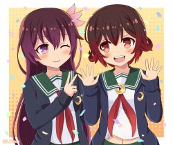  2girls blue_jacket blush brown_hair closed_eyes crescent crescent_pin gradient_hair green_sailor_collar green_skirt highres jacket jewelry kantai_collection kisaragi_(kancolle) kisaragi_kai_ni_(kancolle) long_hair long_sleeves multicolored_hair multiple_girls mutsuki_(kancolle) mutsuki_kai_ni_(kancolle) neckerchief one_eye_closed ootori_(kyoya-ohtori) open_mouth pantyhose pleated_skirt purple_eyes red_hair red_neckerchief ring sailor_collar school_uniform serafuku short_hair skirt smile upper_body v wedding_ring white_background yellow_background 