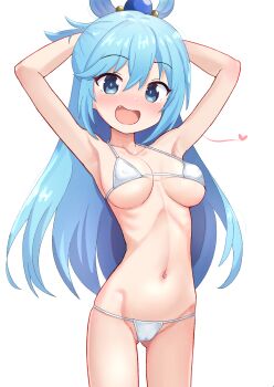  1girl aqua_(konosuba) armpits arms_behind_head arms_up bikini blue_eyes blue_hair breasts collarbone cowboy_shot dot_nose emaciated eyebrows_hidden_by_hair eyelashes fang female_focus kommandoh kono_subarashii_sekai_ni_shukufuku_wo! large_breasts long_hair matching_hair/eyes navel open_mouth ribs simple_background smile solo swimsuit white_background white_bikini 